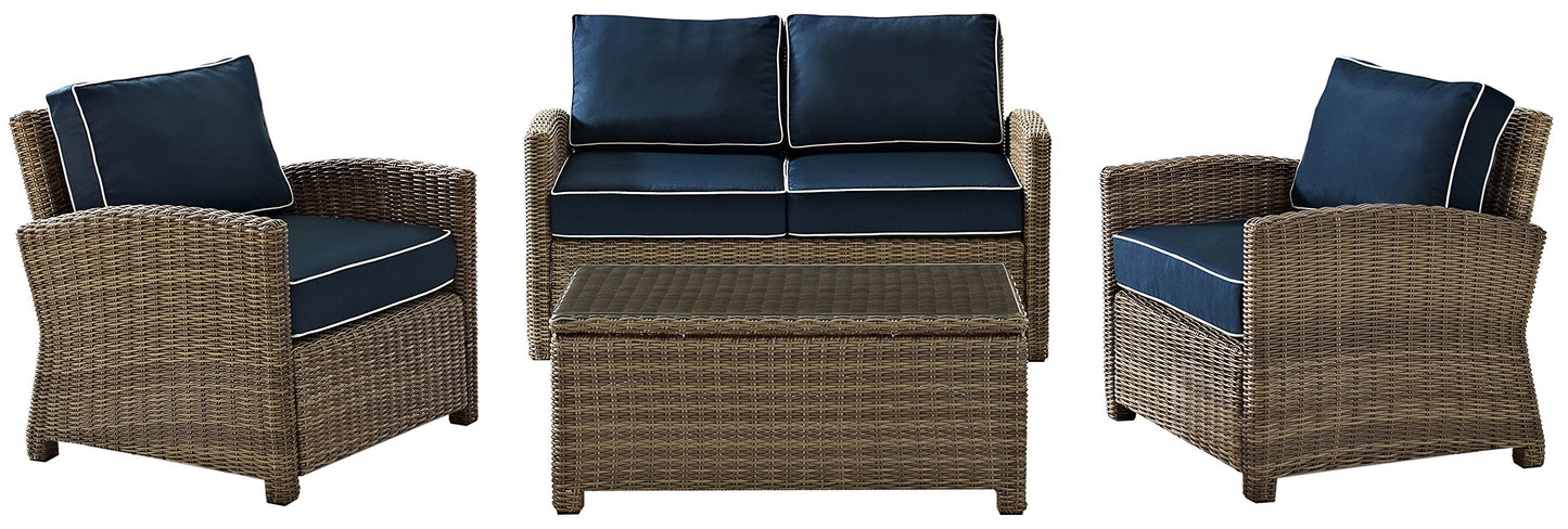 Crosley Furniture Bradenton 4-Piece Outdoor Loveseat Patio Furniture Set, Wicker Conversation Sets for Porch, Brown with Navy Cushions