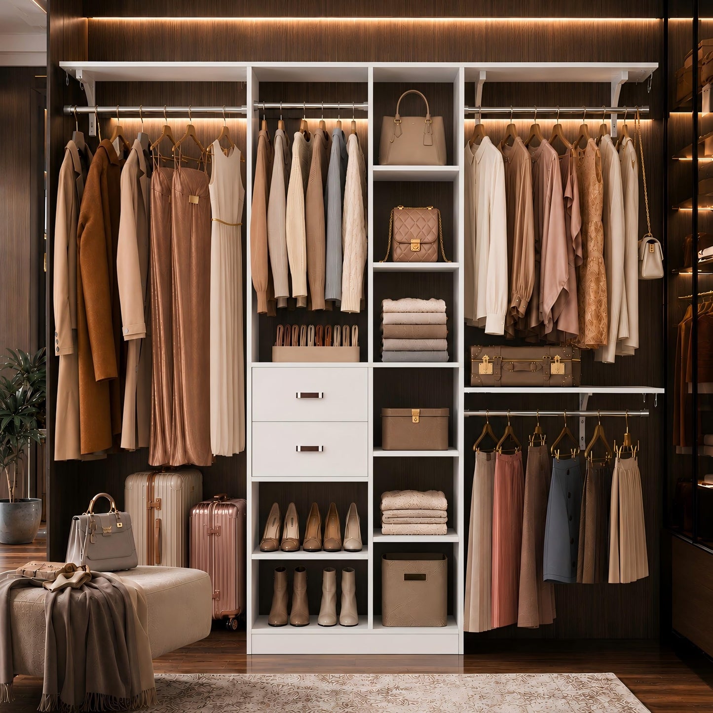 Upgraded 96 Closet System with 18 Storage Place, 8FT Closet Organizers System with 13 Shelves and 2 Wooden Drawers, 96'' Walk-in Closet with 4 Hanging Rods, Adjustable Garment Rack, White