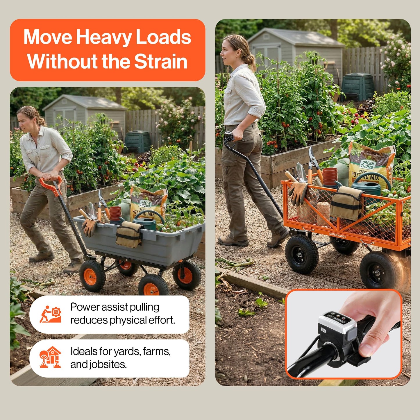 SuperHandy Electric-Assist Garden Cart - 5.7 Cubic Ft Utility Wagon, 440lbs Load, All-Terrain 10in Wheels, Anti-Rust Steel Frame, Convertible Flatbed Design