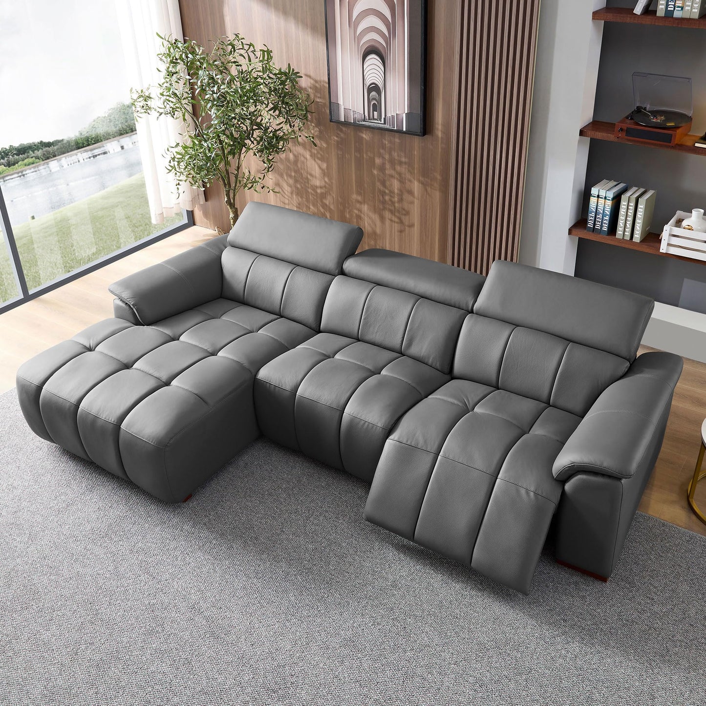 KEIKI 113" L-Shaped Genuine Leather Wall-Hugger Reclining Sofa with Left Chaise, Adjustable Backrest & Footrest, Modern Electric Control 3-Seater Couch with USB, for Living Room, Dark Grey