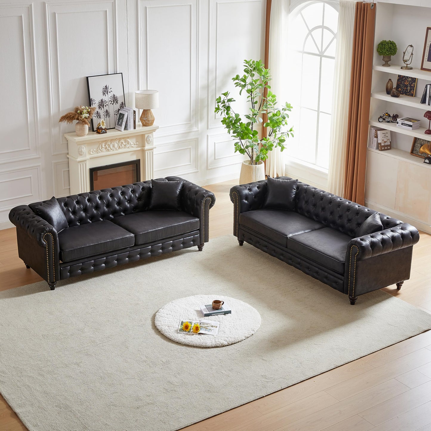 KEIKI Chesterfield Sofa, Retro Style Upholstered 3+3 Seats Tech Fabric Couch with Rolled Arm for Living Room Bedroom Office, Black