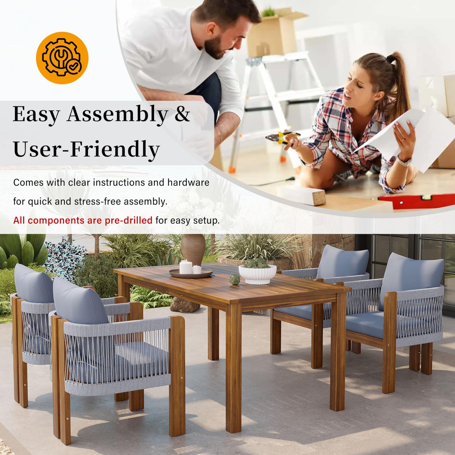 Merax Luxury 5-Piece Outdoor Patio Dining Set for 4, Solid Acacia Wood Dinning Set with Rope Woven Chairs,Farmhouse Dining Furniture Set for Garden, Backyard, Poolside, Brown+Gray
