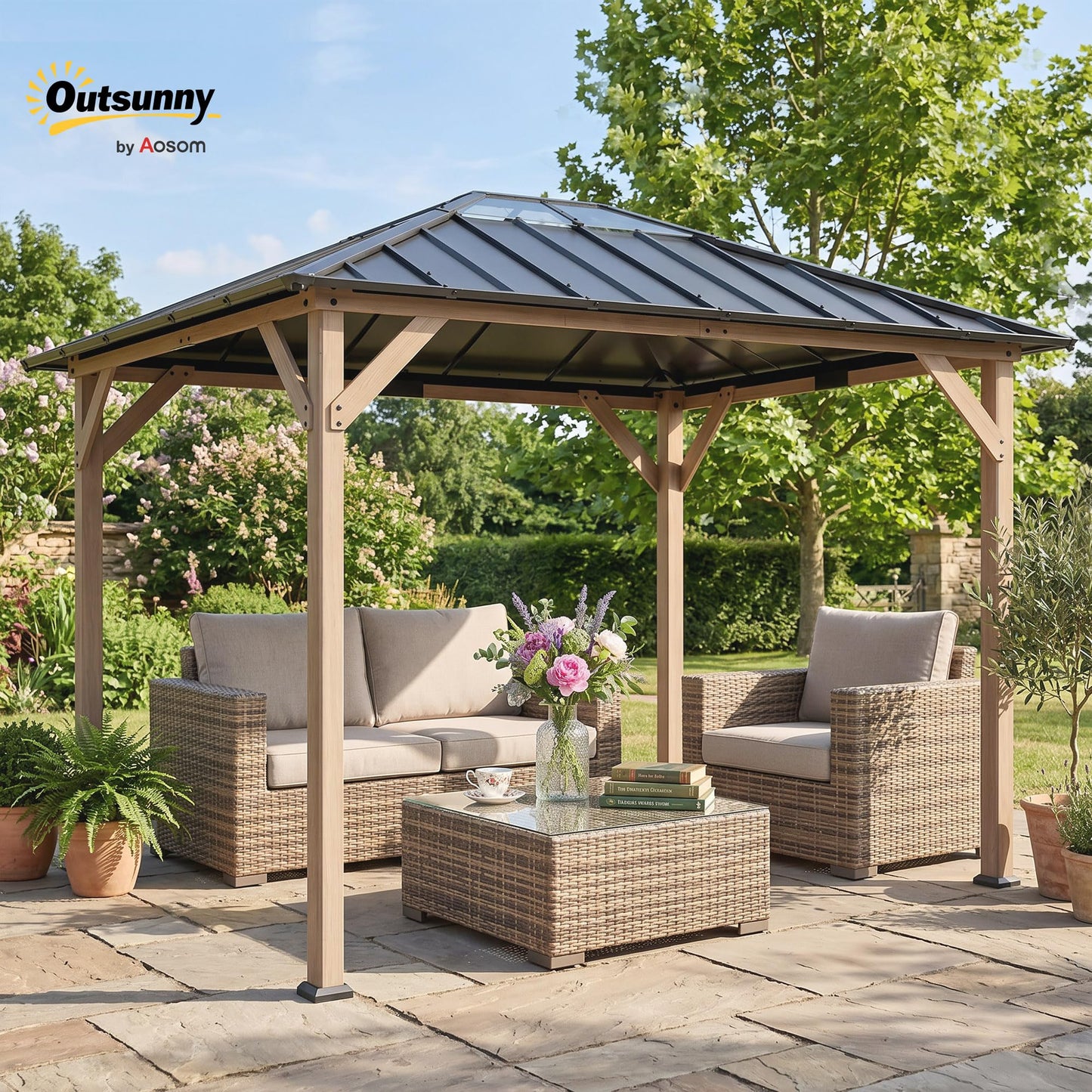 Outsunny 10' x 12' Hardtop Gazebo with Galvanized Steel Roof, Wood Permanent Pavilion Canopy Shelter with Clear Roof Top, UPF50+ Protection, Ceiling Hooks for Lawn, Backyard, Deck, Light Walnut