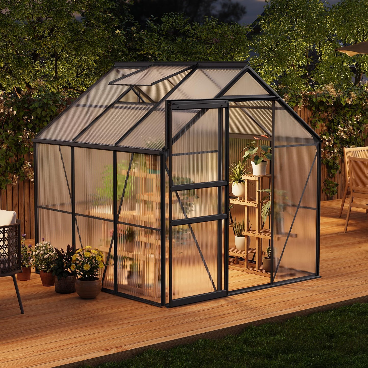 IDEALHOUSE 6x6 ft Polycarbonate Greenhouse with Adjustable Roof Vent, Walk-in Greenhouse for Outdoor Garden Backyard, Heavy Duty Aluminum Frame, 720g/M² PC Panels, Black