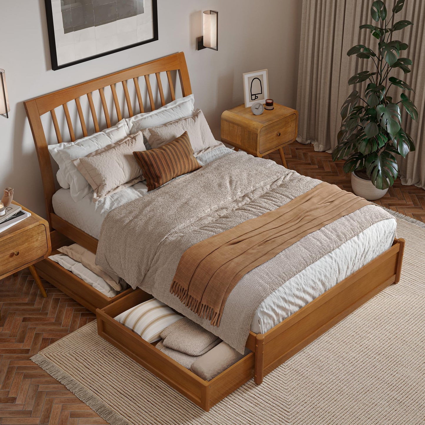 AFI, Roslyn Full Platform Bed with Panel Footboard and Storage Drawers, Light Toffee