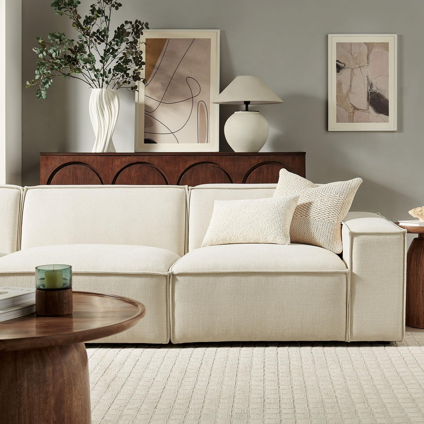 Modway Restore Performance Fabric Upholstered 3-Piece Modular Sofa Set in Ecru - Low Profile Sectional Sofa with Coil Seat Support and French Piping