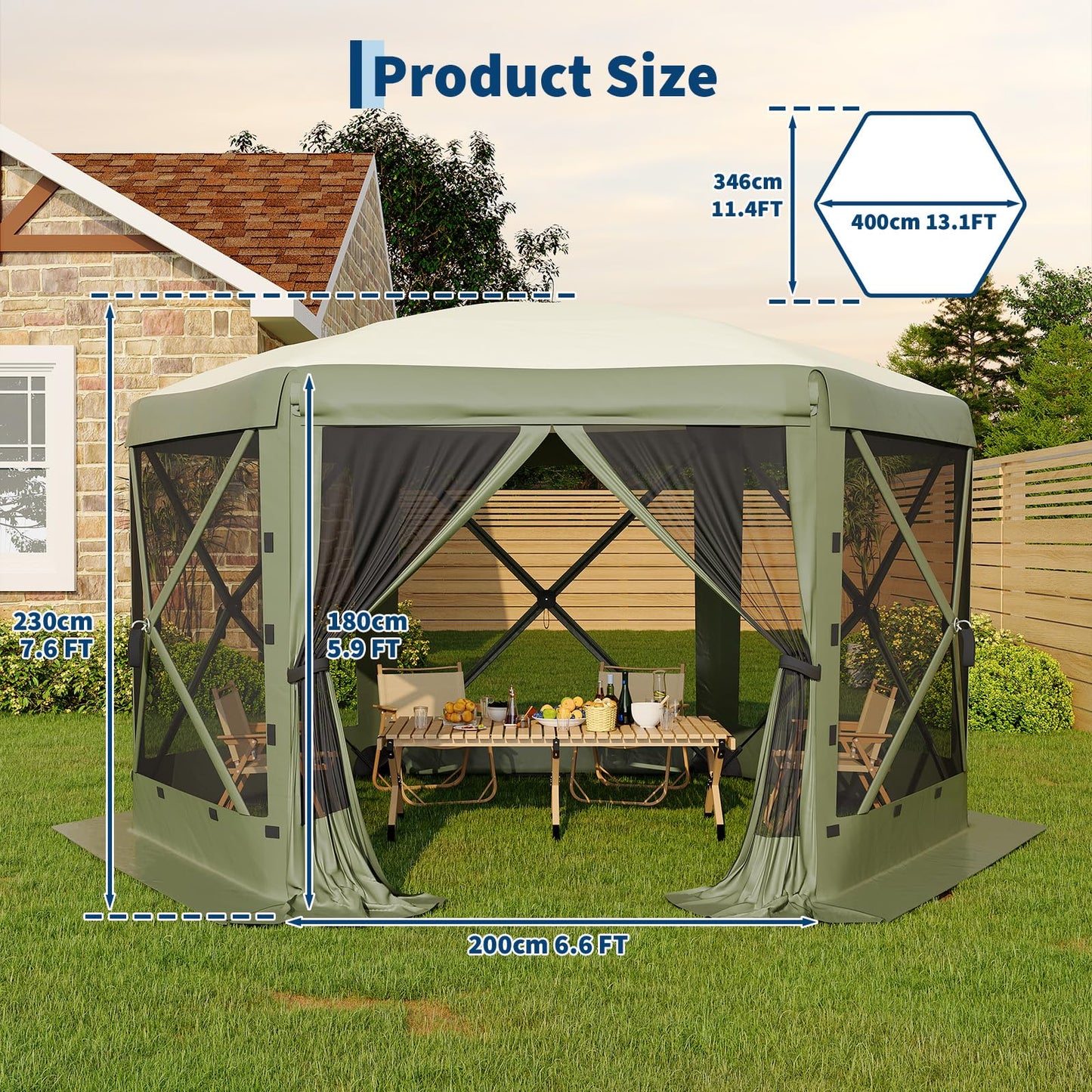 Garvee 13FT Pop-Up Gazebo 6-Sided, Outdoor Canopy Tent with Mosquito Netting & Removable Wind Cloths for Camping, Backyard Parties, Outdoor Events, Army Green