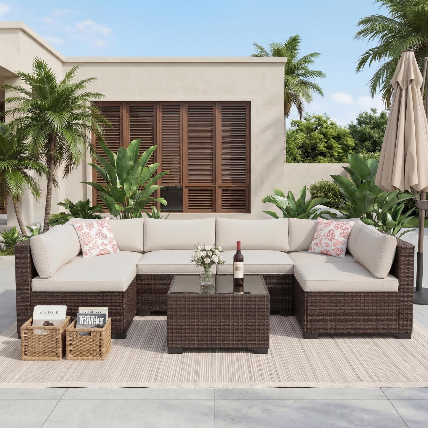 7-Piece All-Weather Outdoor Sectional Sofa Set, Waterproof Wicker Patio Furniture with Removable Cushions, Modern Gray Conversation Set for Poolside, Garden, and Backyard, Brown Vine+Beige Cushion
