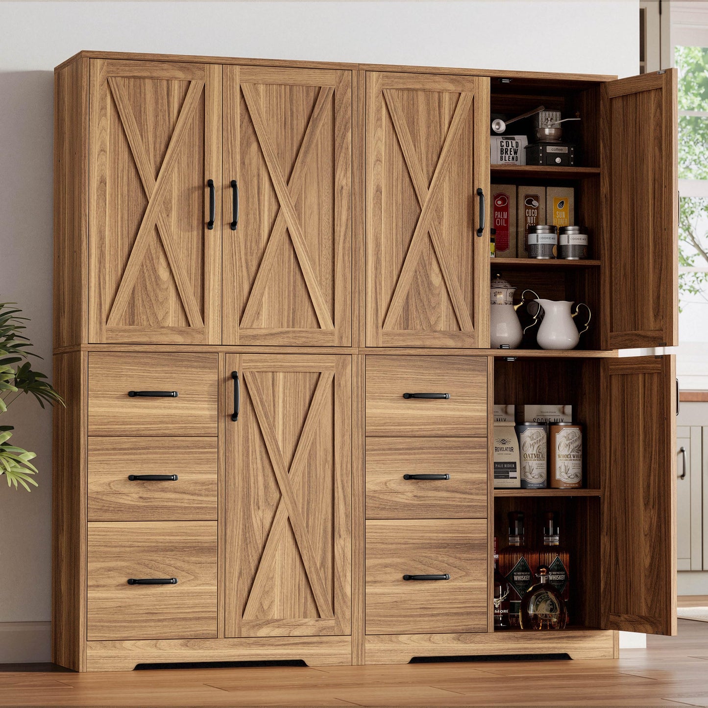 IRONCK Pantry Cabinet, 67.5 inch Tall Storage Cabinet with 3 Doors & Drawers, Farmhouse Kitchen Cabinet with Adjustable Shelves, 5 Tier Freestanding Cupboard for Kitchen, Oak Brown