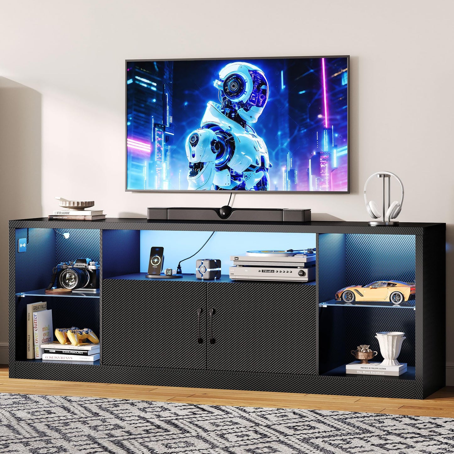 IRONCK TV Stand for TVs 80 inch with Power Outlet and LED Lights, Carbon Fiber Entertainment Center with Storage Cabinets, Adjustable Glass Shelves, Modern TV Stands for Living Room, Black