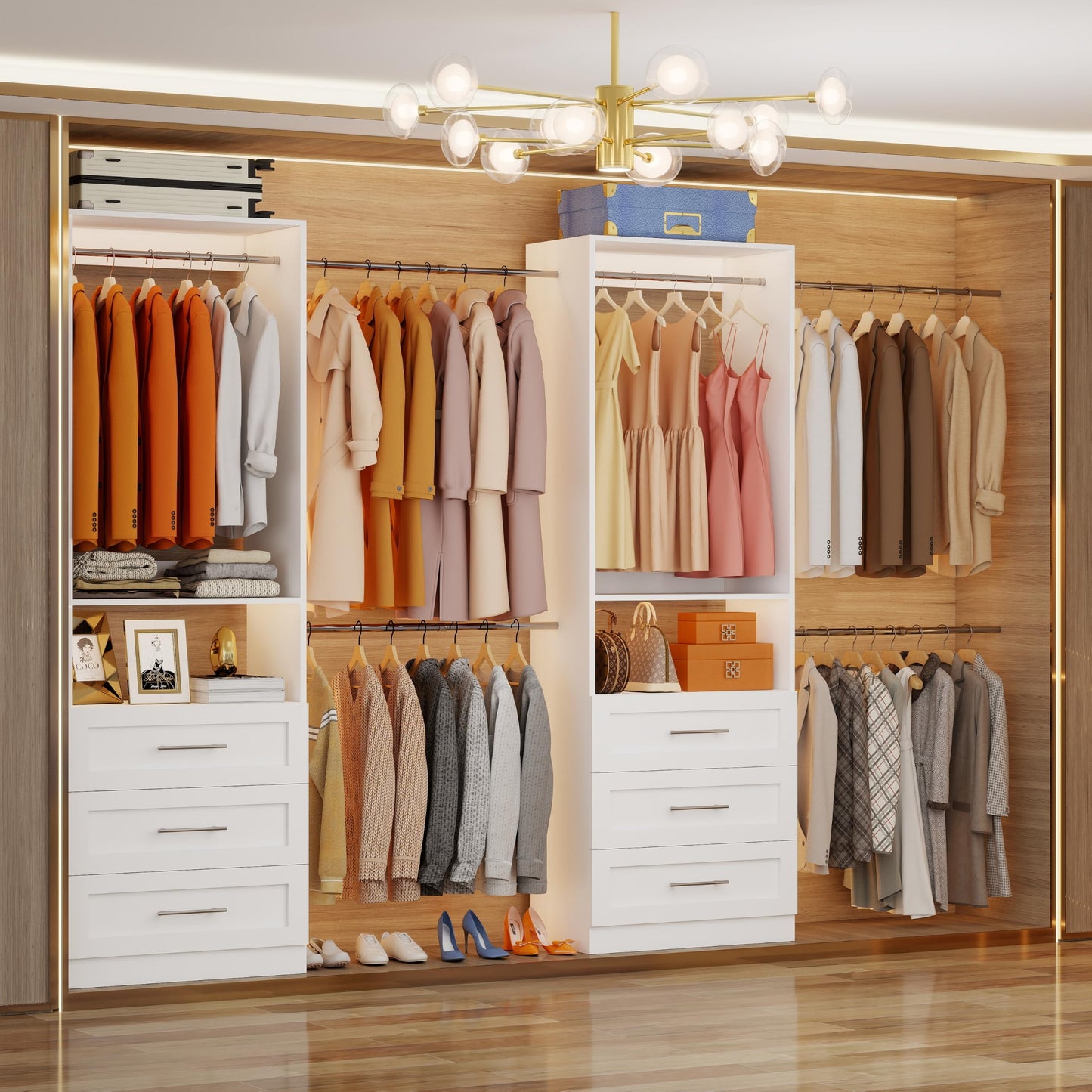 Closet System with 6 Drawers, 4FT-15FT 2-Piece Closet System, Walk in Closet Organizer System, Modular Closet System with 10 Adjustable Hanging Rods & Shelves, Closet Storage System for Bedroom, White
