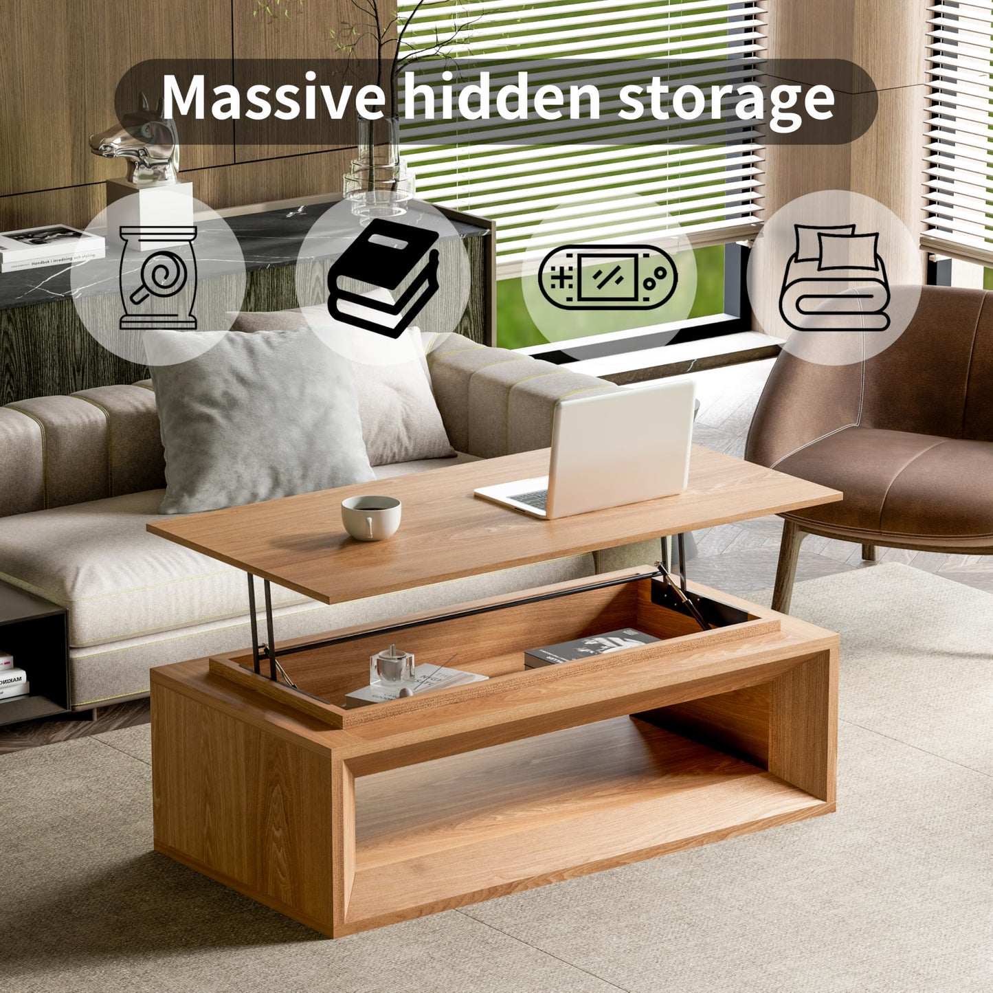 KEIKI 43.3" Lift-Top Coffee Table with Hydraulic Storage, Converts to Desk or Dining Table, Hidden Compartment, Open Shelf, Multifunctional Small Coffee Table for Living Room, Office, Natural Wood
