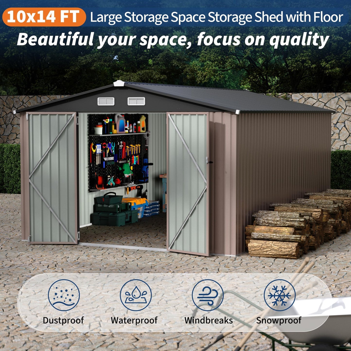 Heavy-Duty 10x14 FT Metal Garden Shed with Air Vent & Lockable Door, Outdoor Storage Shed for Yard, Patio, Lawn, Rust-Resistant Utility Shed, All-Season Use