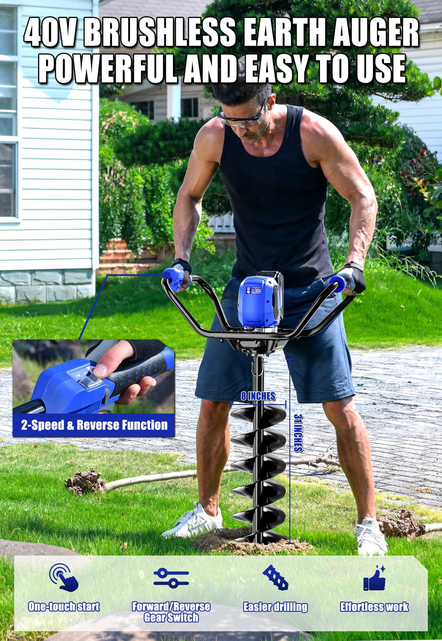 Wild Badger Power 40V Brushless Cordless Earth Auger, Electric Post Hole Digger for Fence Posts with Drill Bit 8'', for Garden & Plant, Battery and Charger Included