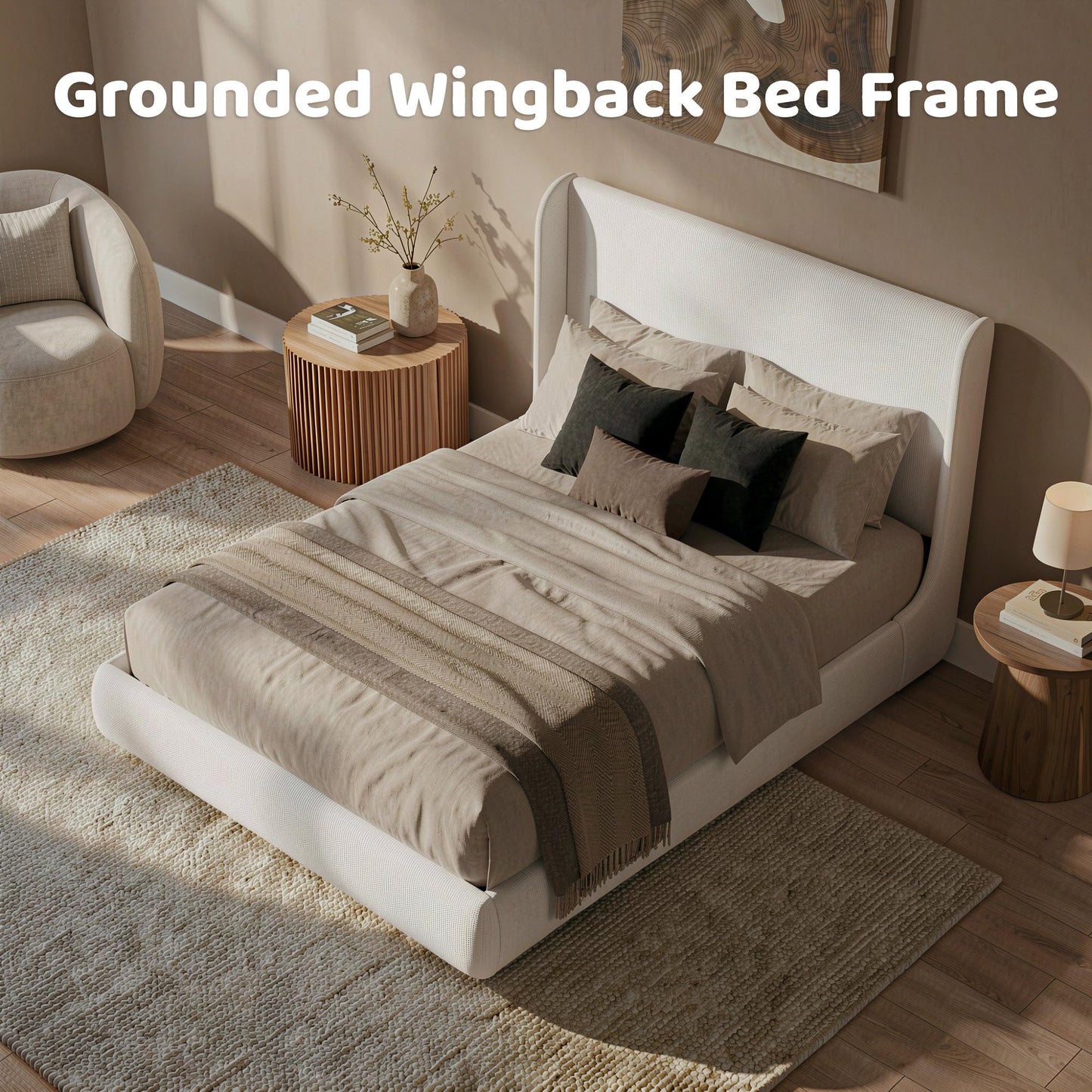 RECCI Queen Upholstered Wingback Bed Frame, 52” Tall Cushioned Headboard, Soft Edges, Low Profile Platform Bed, Sturdy Wood Slats, No Box Spring Needed, Ivory White Canvas