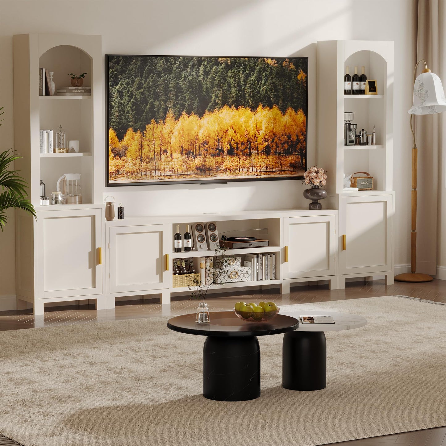 94" W 3-Piece Entertainment Center with Bookshelves for TVs up to 70", Large Wall Unit TV Stand with Power Outlets & Storage Cabinets, Modern Wood Media Console for Living Room, Bedroom, Office