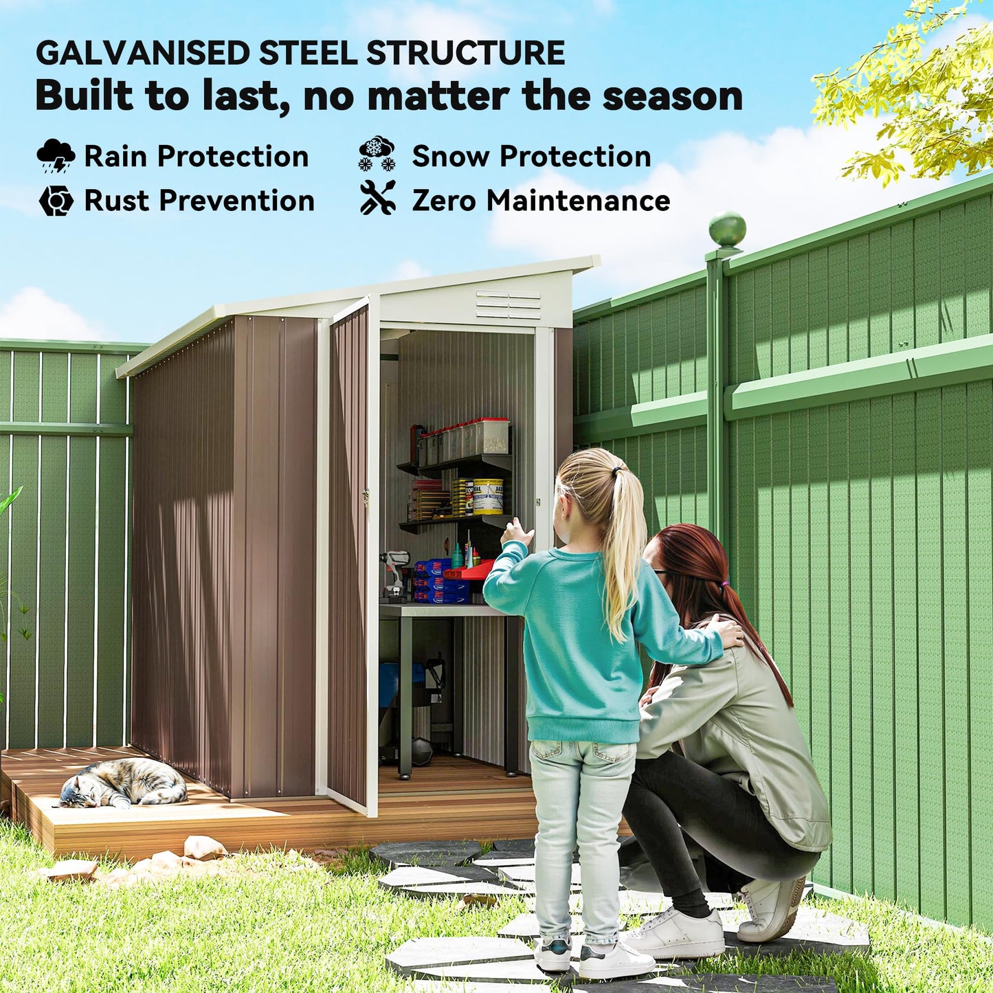 Outsunny 4' x 8' Metal Outdoor Storage Shed, Lean to Storage Shed, Garden Tool Storage House with Lockable Door and 2 Air Vents for Backyard, Patio, Lawn, Brown