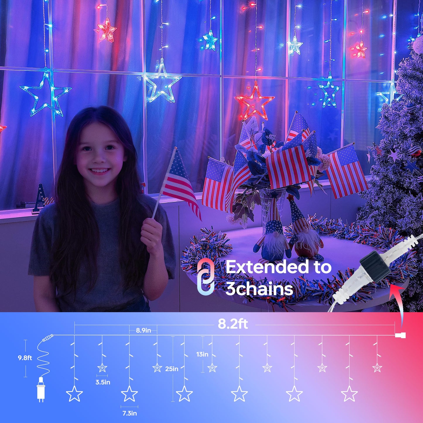 MYGOTO Patriotic Star Icicle Lights, 8.2ft 126LED, Waterproof, 8 Modes, Red White Blue, Model QX-U-O-I-126-1-RWB
