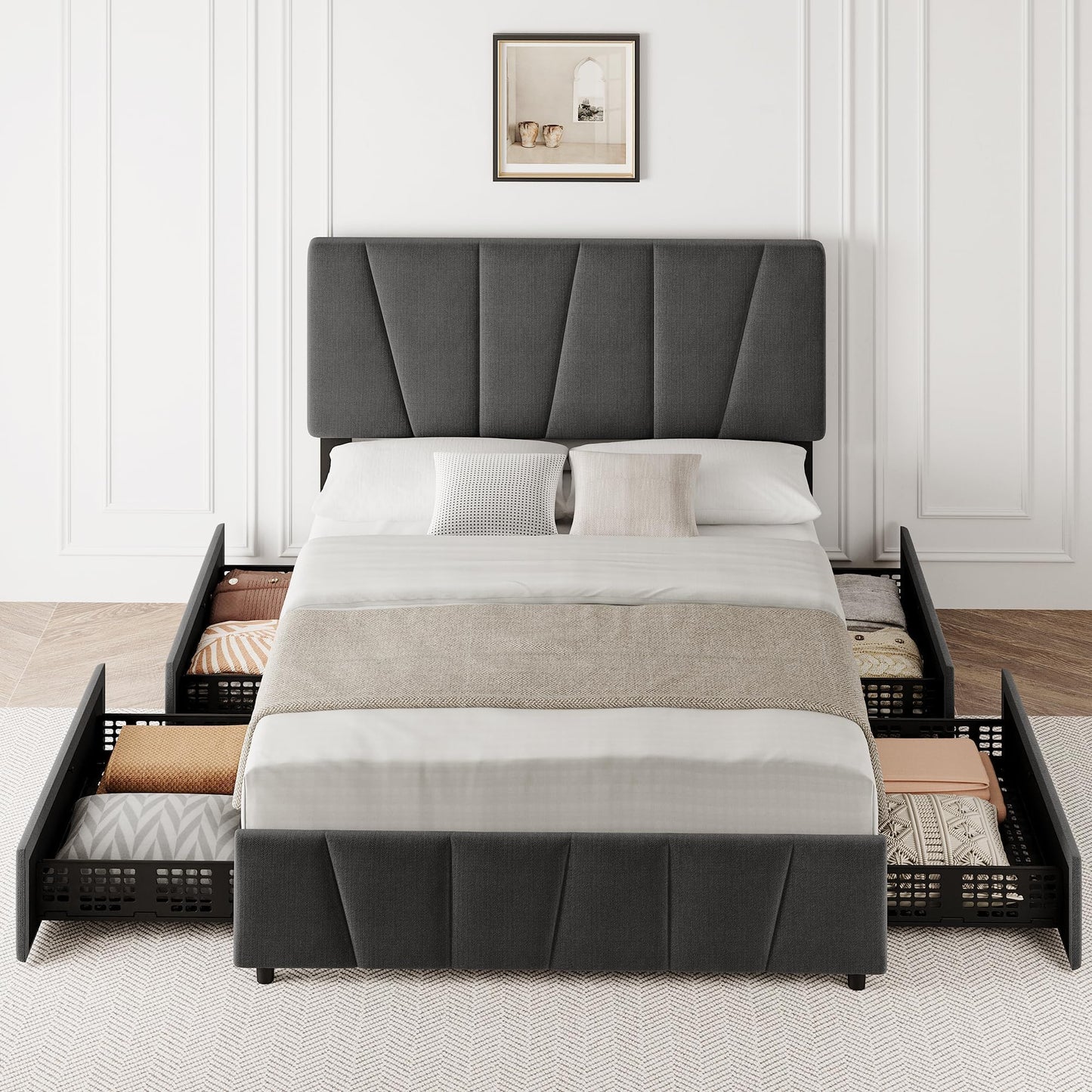 Queen Size Bed Frame with Upholstered Headboard & 4 Storage Drawers with Wheels, Platform Bed Frame with Wooden Slat Support, Adjustable Headboard, No Box Spring Needed, Noise-Free, for Bedroom