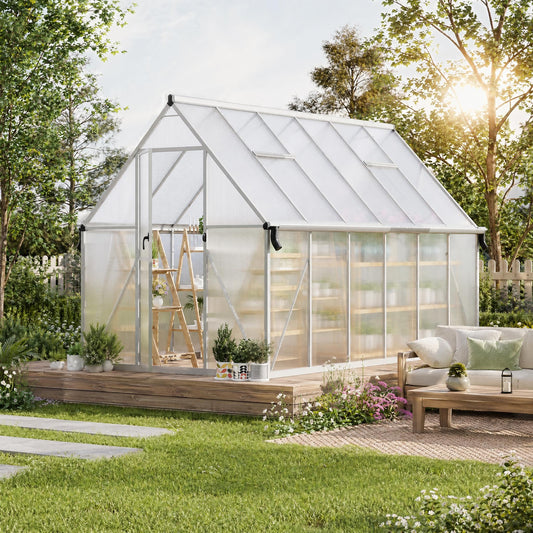 CABIHOME 8x14 FT Outdoor Greenhouse, Polycarbonate Greenhouse with Roof Vent and Ground Nails, Aluminum Large Walk-in Green House w/ Lockable Push Door for Outdoor Garden (Sliver, 8x14 FT)