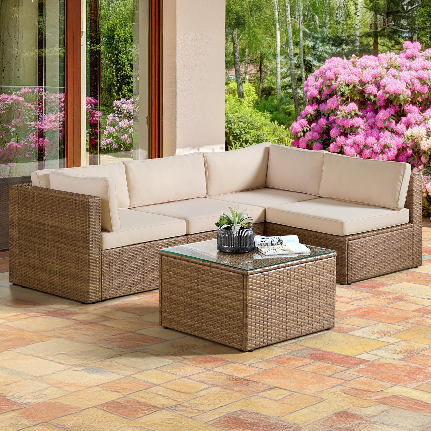 Alaterre Furniture Montara 5 Piece Modular Outdoor Patio Furniture Set - Weather-Resistant Wicker Rattan Patio Table and Chairs Set - Outdoor Couch Set for Backyard, Porch, or Deck (Tan/Cream)