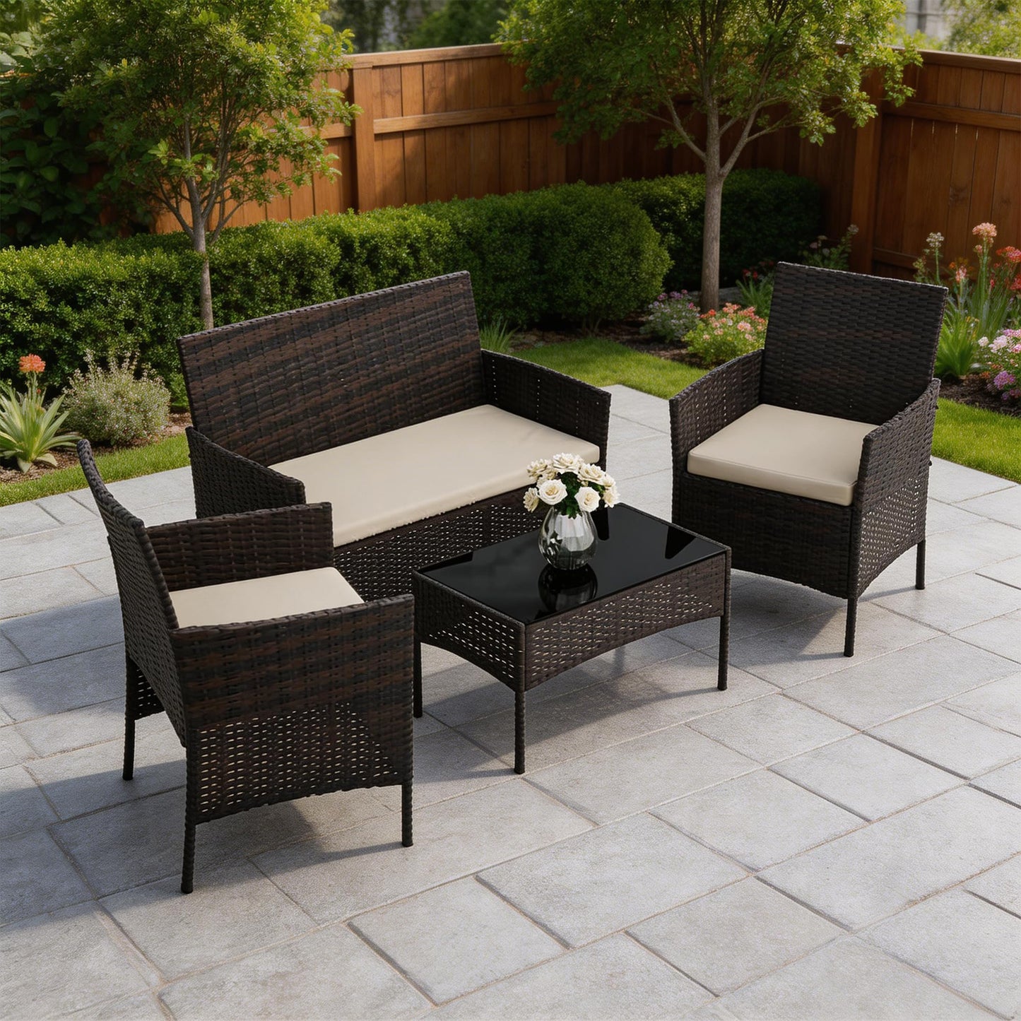 4-Piece Patio Furniture Set, Outdoor Wicker Conversation Set with Tempered Glass Coffee Table, Heavy Duty PE Rattan Sectional Sofa & Washable Cushions for Backyard, Deck, Poolside (Black Rattan/Beige)