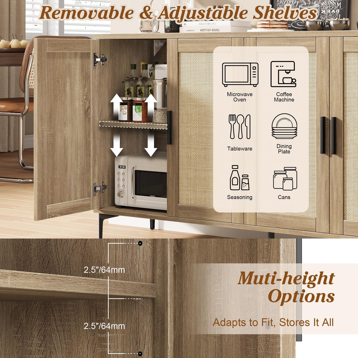 JASIWAY Buffet Cabinet with Storage, 48" Rattan Coffee Bar Cabinet Station