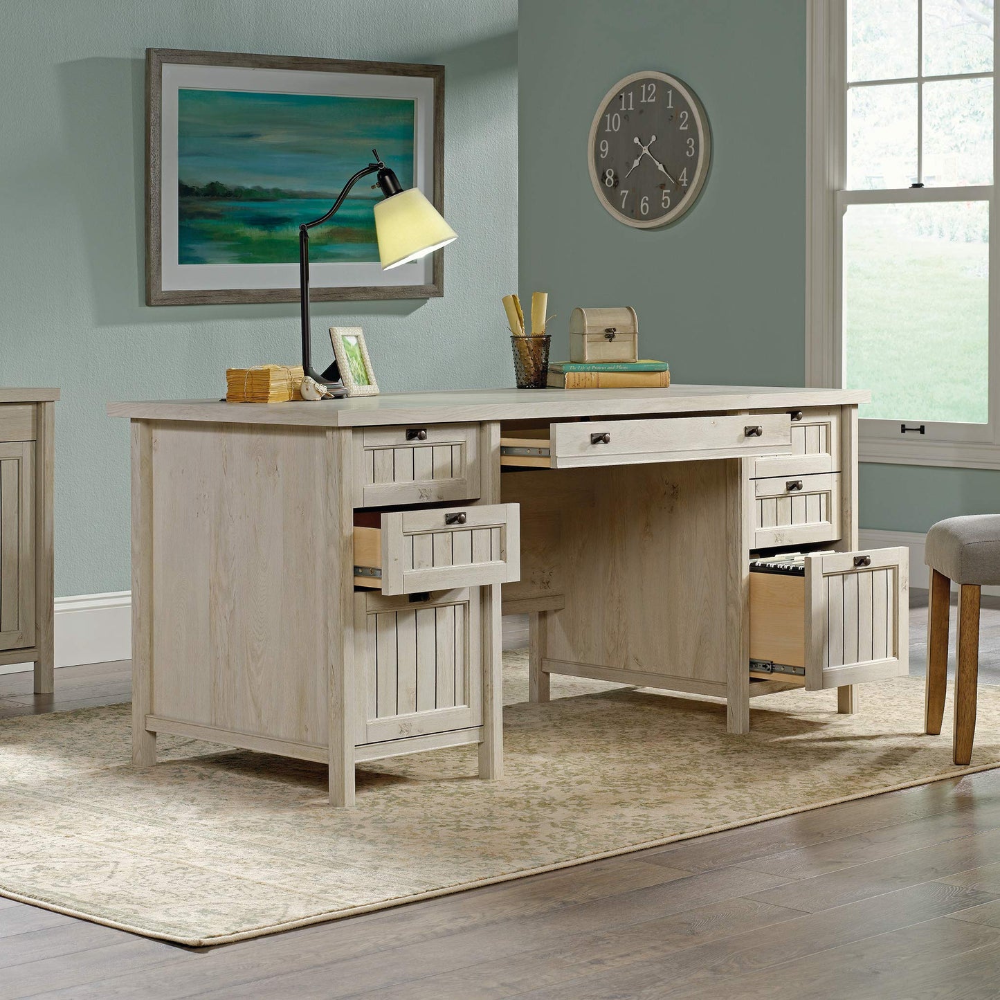 Sauder Costa Office Desk with Drawers, Executive Desk with File Drawer Storage, in Chalked Chestnut