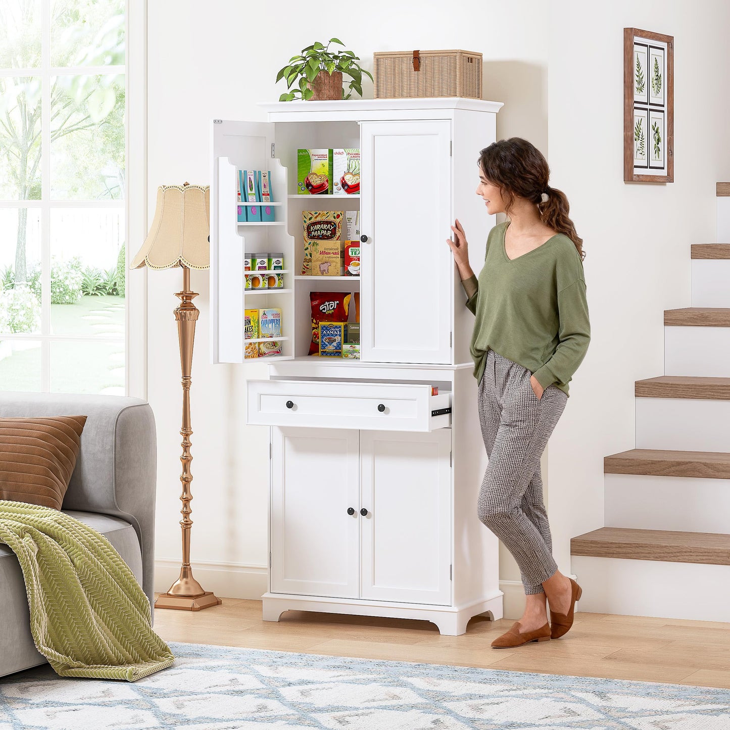 Spirich 71'' Tall Kitchen Pantry Cabinet, Wood Food Pantry Cabinet with Drawers and Wine Glass Rack, Freestanding Storage Cabinet for Kitchen, Living Room, Dining Room, White
