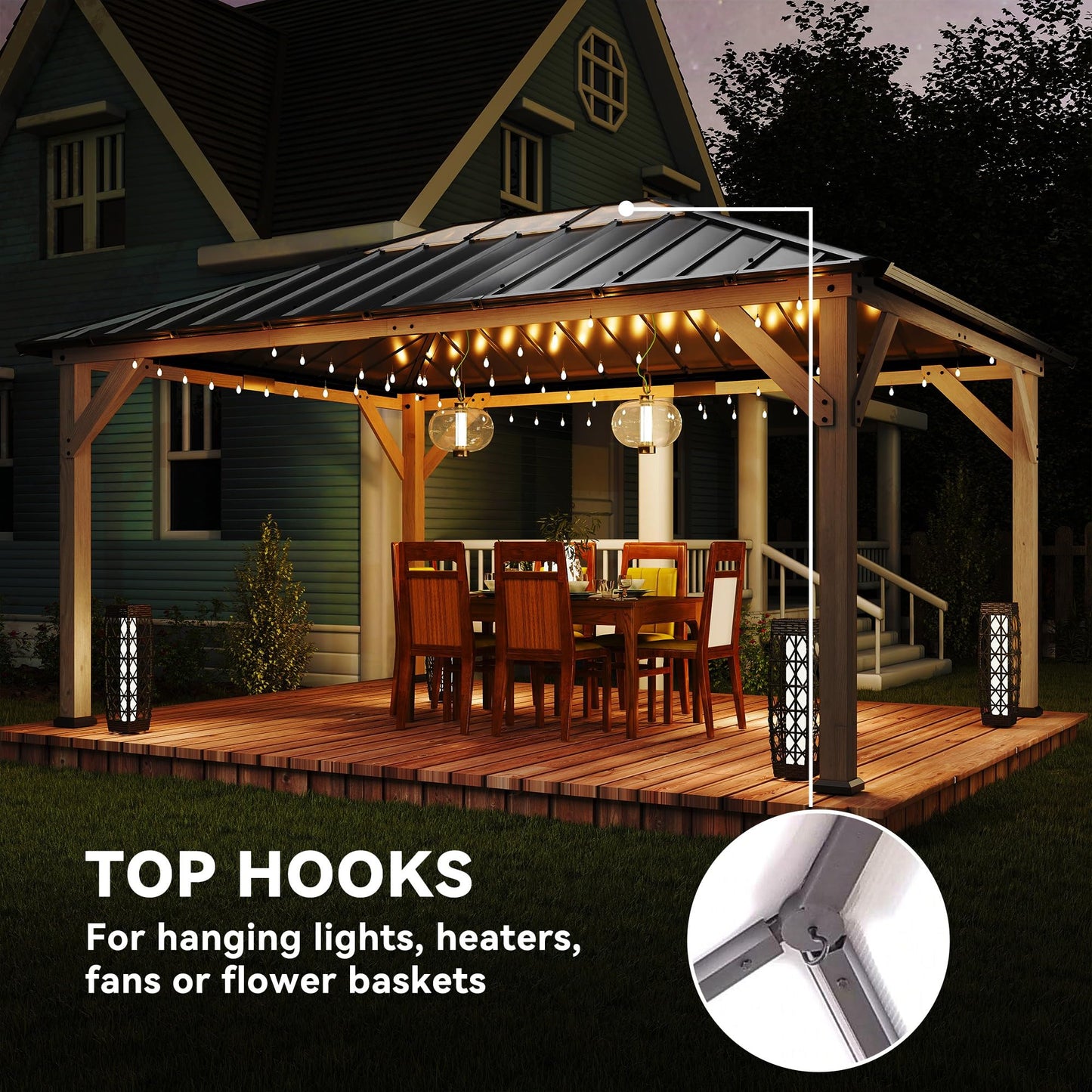 Outsunny 12' x 16' Hardtop Gazebo with Galvanized Steel Roof, Wood Permanent Pavilion Canopy Shelter with Clear Roof Top, UPF50+ Protection, Ceiling Hooks for Lawn, Backyard, Deck, Light Walnut