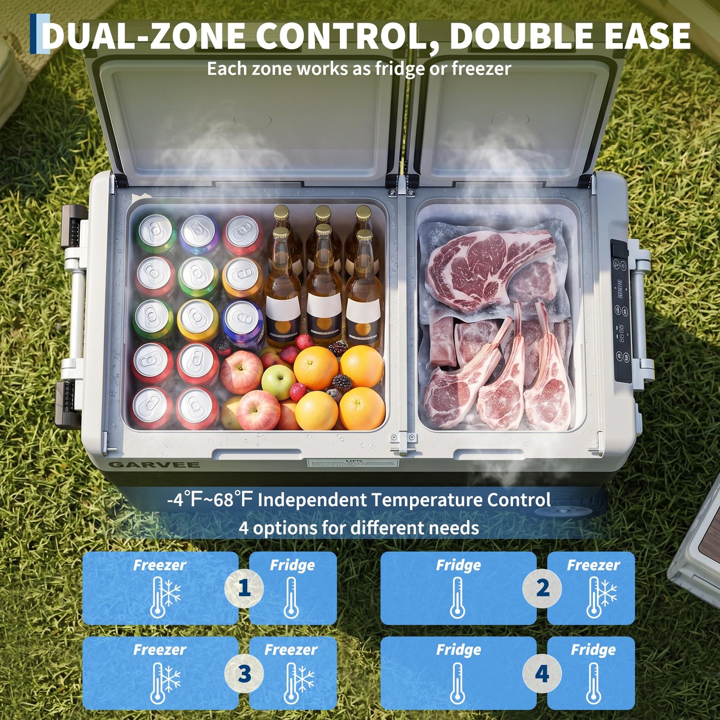 Garvee 40QT(38L) Car Refrigerator,12/24V DC & 100-240V AC Compressor Electric Cooler,Dual Zone,APP Control,-4℉-68℉,Portable Refrigerator with Wheels for Outdoor Camping,Travel Vehicles Home Use
