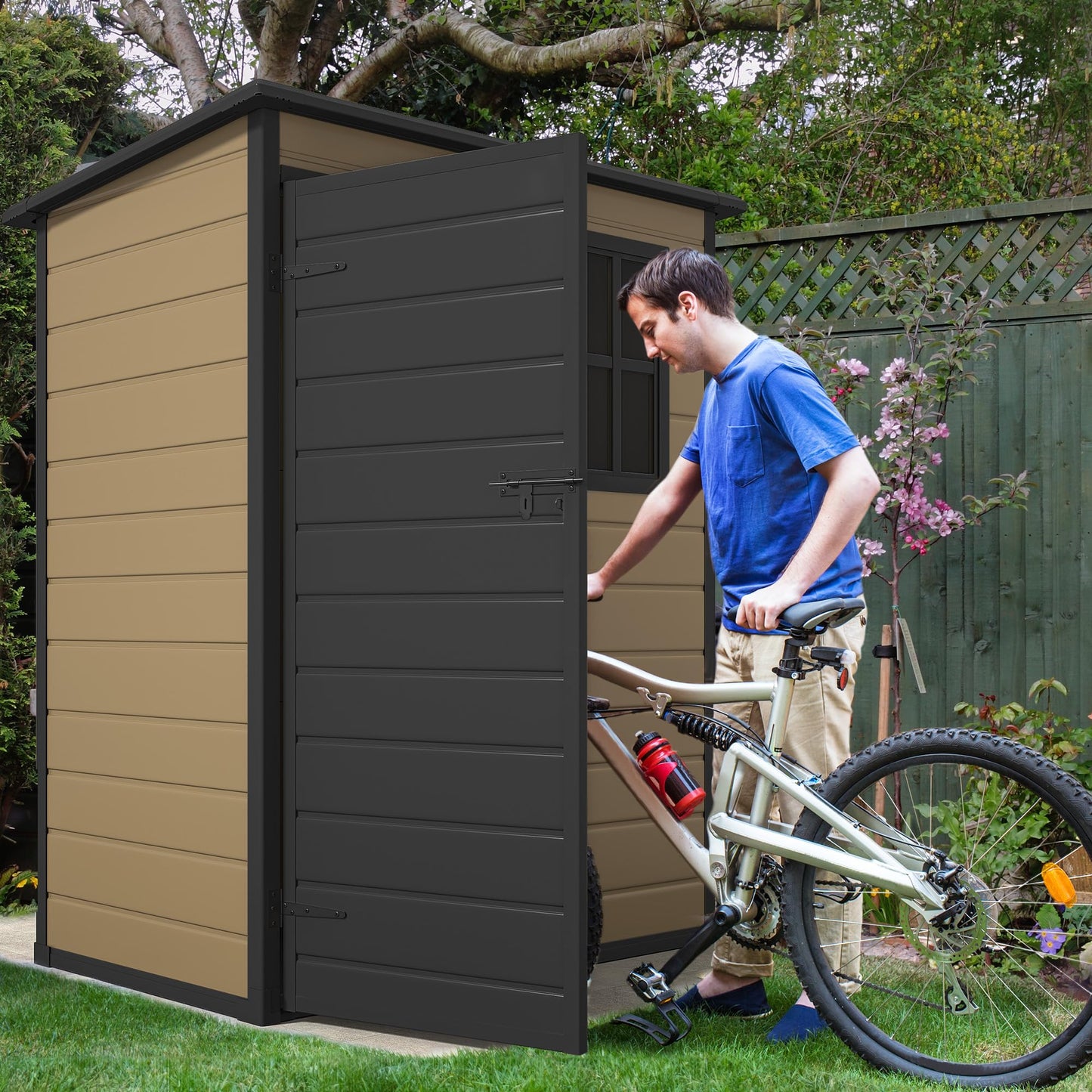 DWVO 5x3ft Resin Outdoor Storage Shed with Floor, Waterproof Lockable Storage Shed with Window, Plastic Outside Tool Storage for Garden, Backyard, Patio, Lawn, Brown