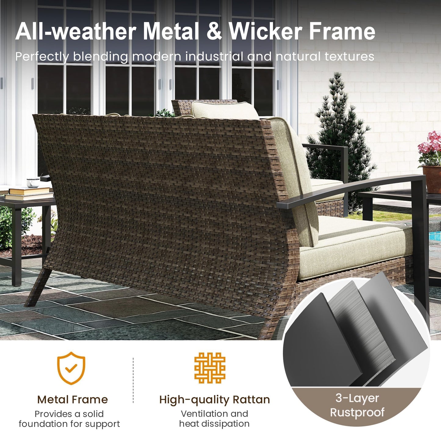 Green4ever Patio Sofa, 2 Pieces Patio Furniture Set with Coffee Table, Wicker Outdoor Furniture with Cushions, Outdoor Couch Set for Porch, Outside Couch for Pool, Deck, Garden, Backyard, Beige