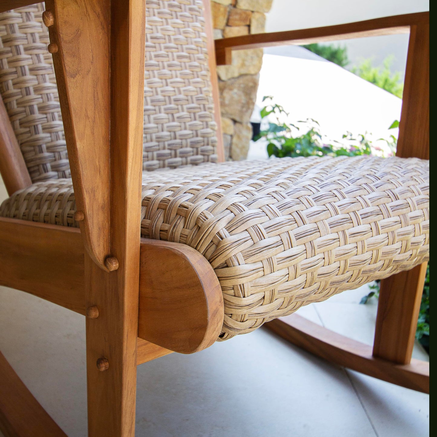 Cambridge Casual Camden 3-Piece Teak Wood Patio Conversation Set Beige Wicker, Padded Woven Seat, Deep Seating Rocking Chair Set of 2 with Side Table, Quick Dry Foam