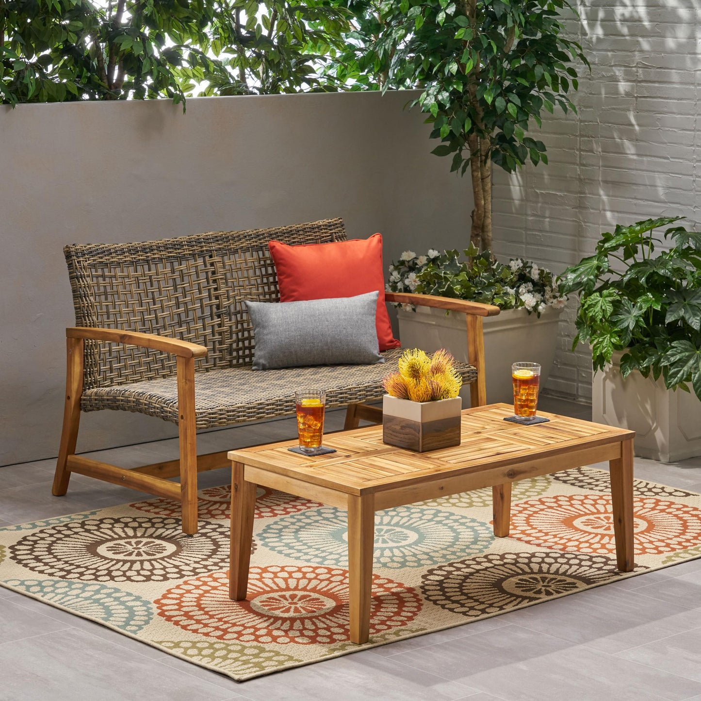 Christopher Knight Home Hamptom Outdoor Acacia Wood and Wicker Conversation Set with Loveseat, Gray