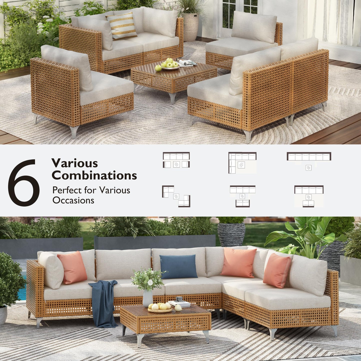 YOPTO 7-Piece Outdoor Conversation Sectional Sofa Set with Water Resistant Thick Cushions & Coffee Table,Wicker Patio Furniture Set W/Removable Cushions Cover,DIY Combination,for Porch,Backyard,Beige