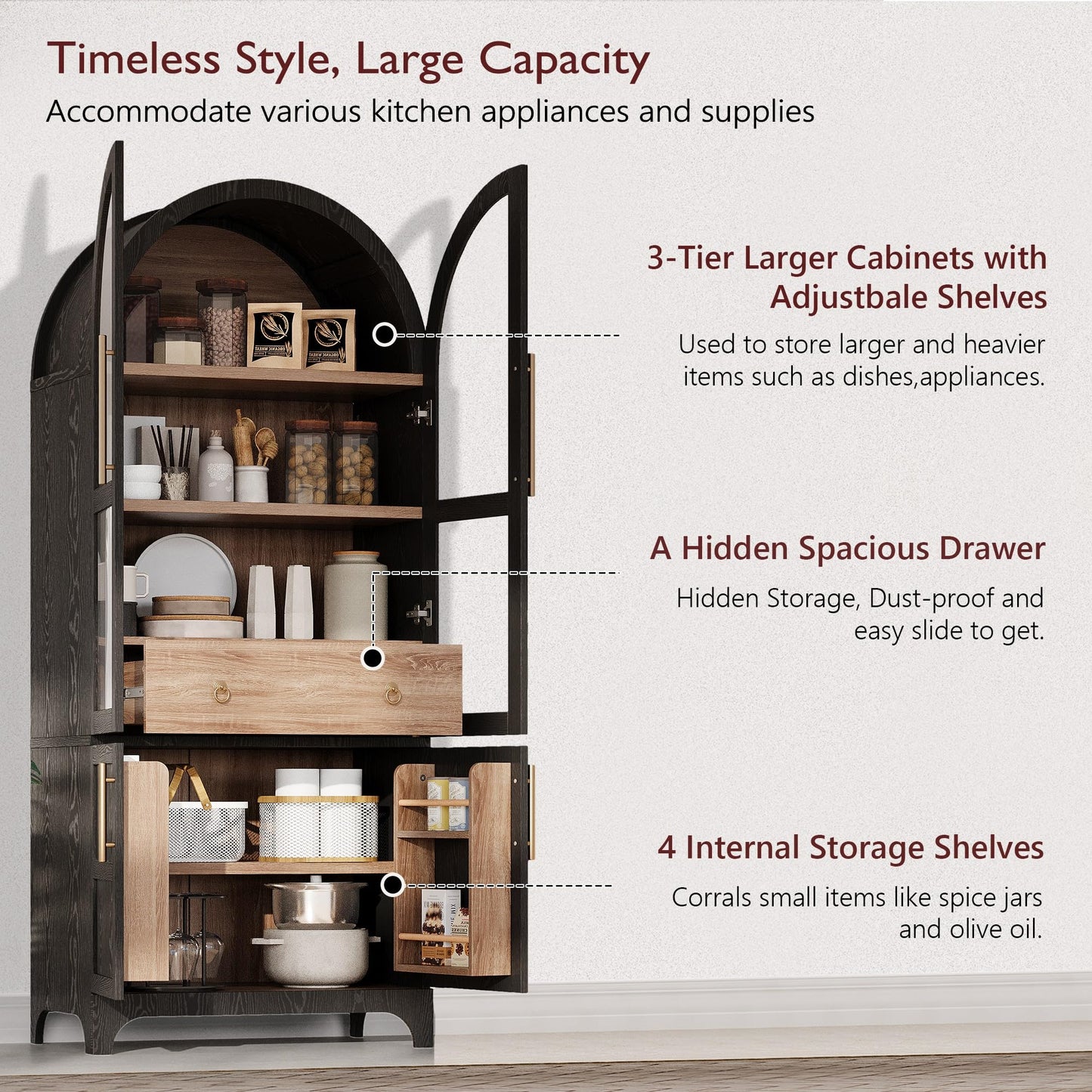 GDFStudio Mariah 71" Tall Arched Kitchen Pantry Cabinet with Hidden Drawer, Glass Door & Adjustable Shelves, Farmhouse Storage Cabinet Cupboard for Kitchen Dining Room, Home Pantry Storage, Black