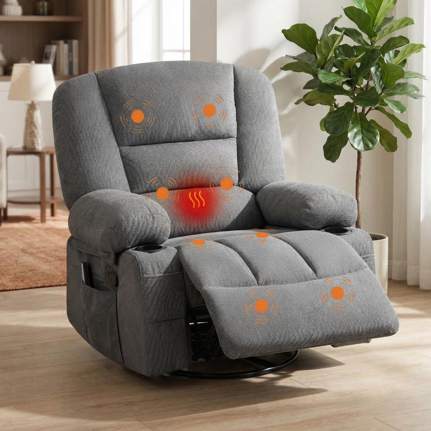 Oversized Wide Recliner Chair with Vibration Massage and Heat, 360° Swivel Recliner Glider for Adults,Chenille Fabric Manual Reclining Single Sofa with Cup Holders & Side Pockets for Living Room,Grey