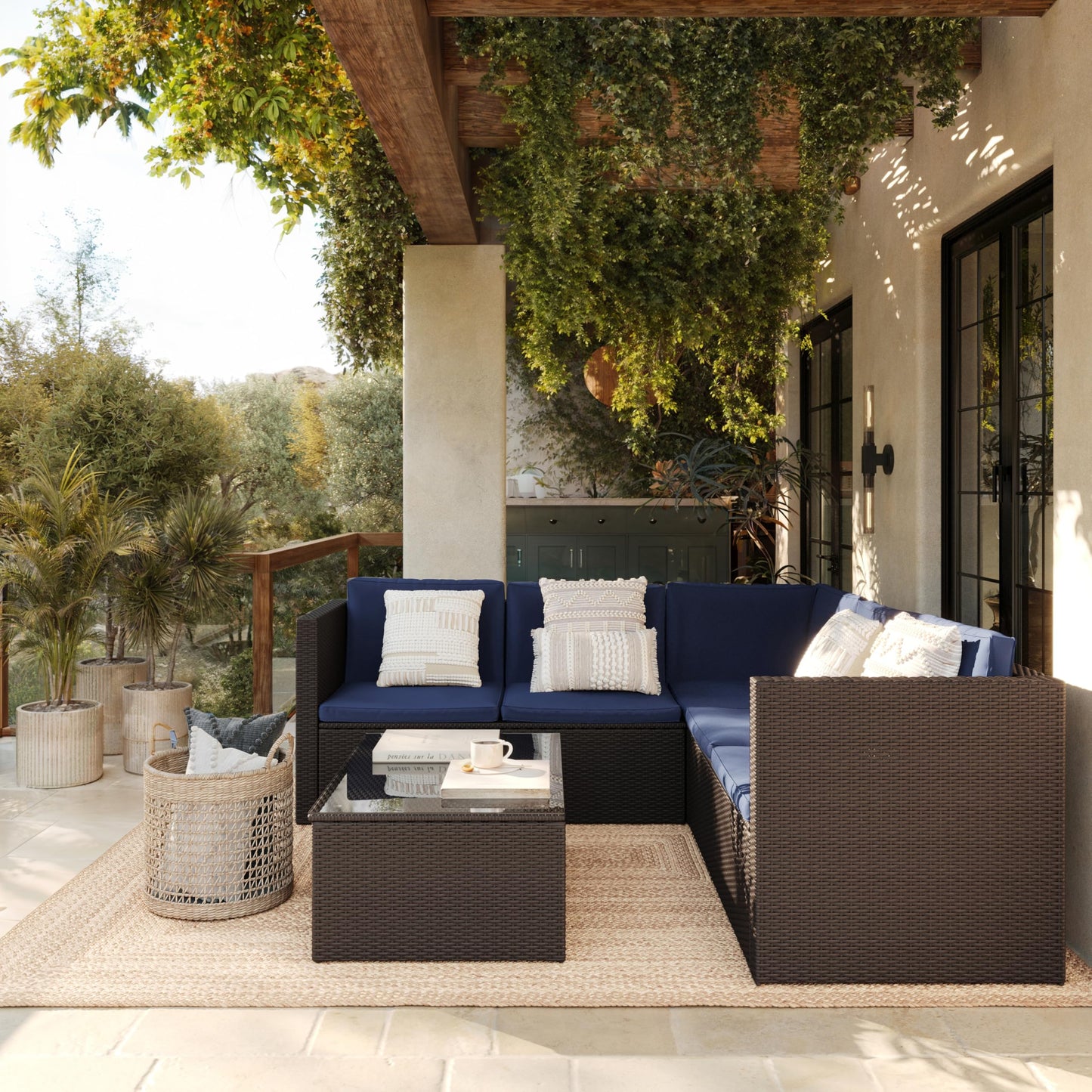 Flash Furniture Roan Patio Seating Set, Wicker PE Rattan Frame, L-Shaped Sectional with Side Lift Coffee Table Storage, Back and Seat Cushions, Brown/Navy