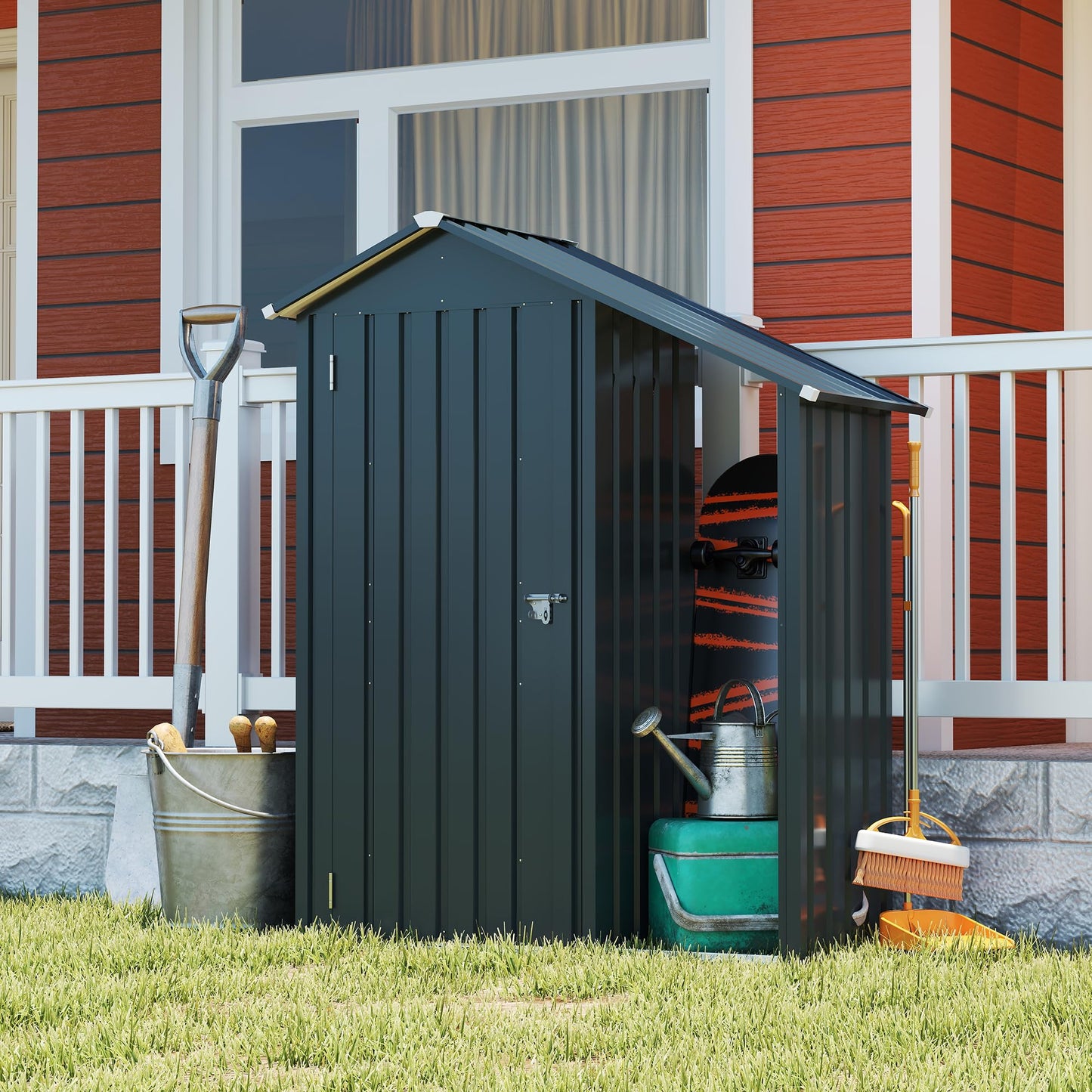 YOPTO Storage Shed,Iron 2-in-1 Storage Cabinet with A Solid Lock System and Sloped Roof,Outdoor Firewood Shed w/Waterproof,Garden Tool House for Lawnmowers,firewood,Dark Gray