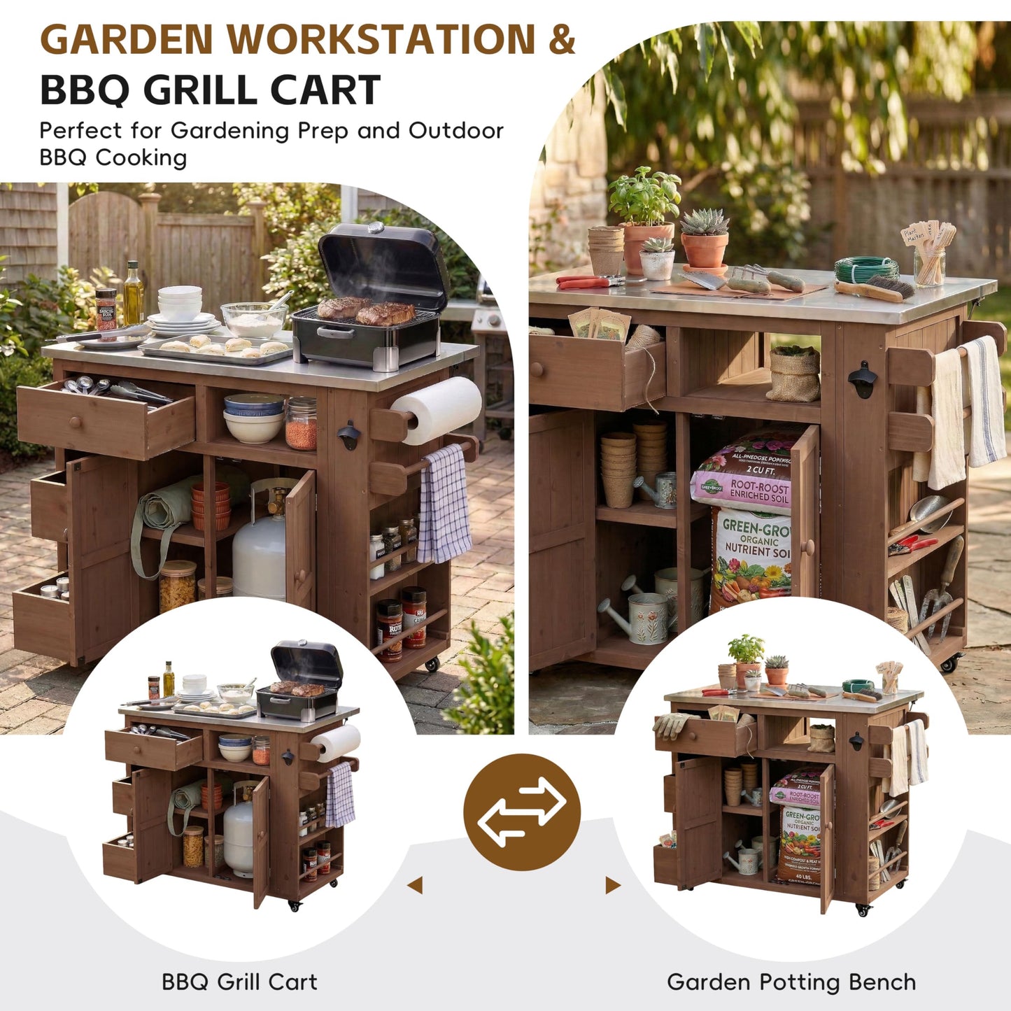 Merax Outdoor Extendable Kitchen Island with Storage, Stainless Steel Top Grill Table with Side Spice Rack, Solid Wood Kitchen Cart with Drawers and Storage Cabinet for Backyard, BBQ, Party