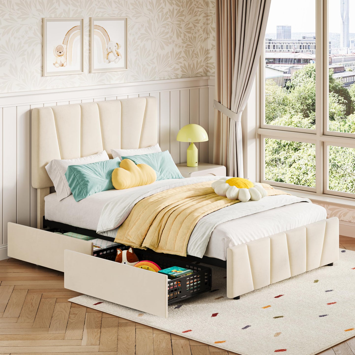 GarveeHome Twin Size Bed Frame with Adjustable Headboard and 2 Storage Drawers, Velvet Upholstered Tufted Twin Platform Bed Frames with Wooden Slats Support, Bedframe No Box Spring Needed, Beige/Cream