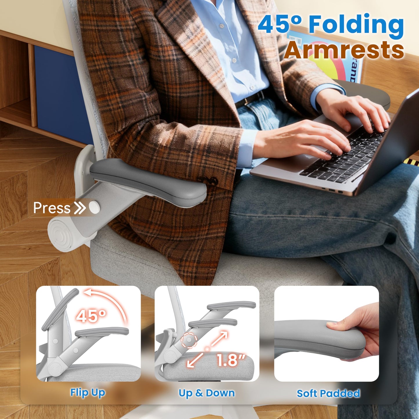 GABRYLLY Ergonomic Office Chair, High Back Home Desk Chair with Flip-Up Arms, 3D Headrest, Thick Sponge Seat &90-120° Recline, Big and Tall Mesh Executive Chairs for Man Woman, Glacier Flow