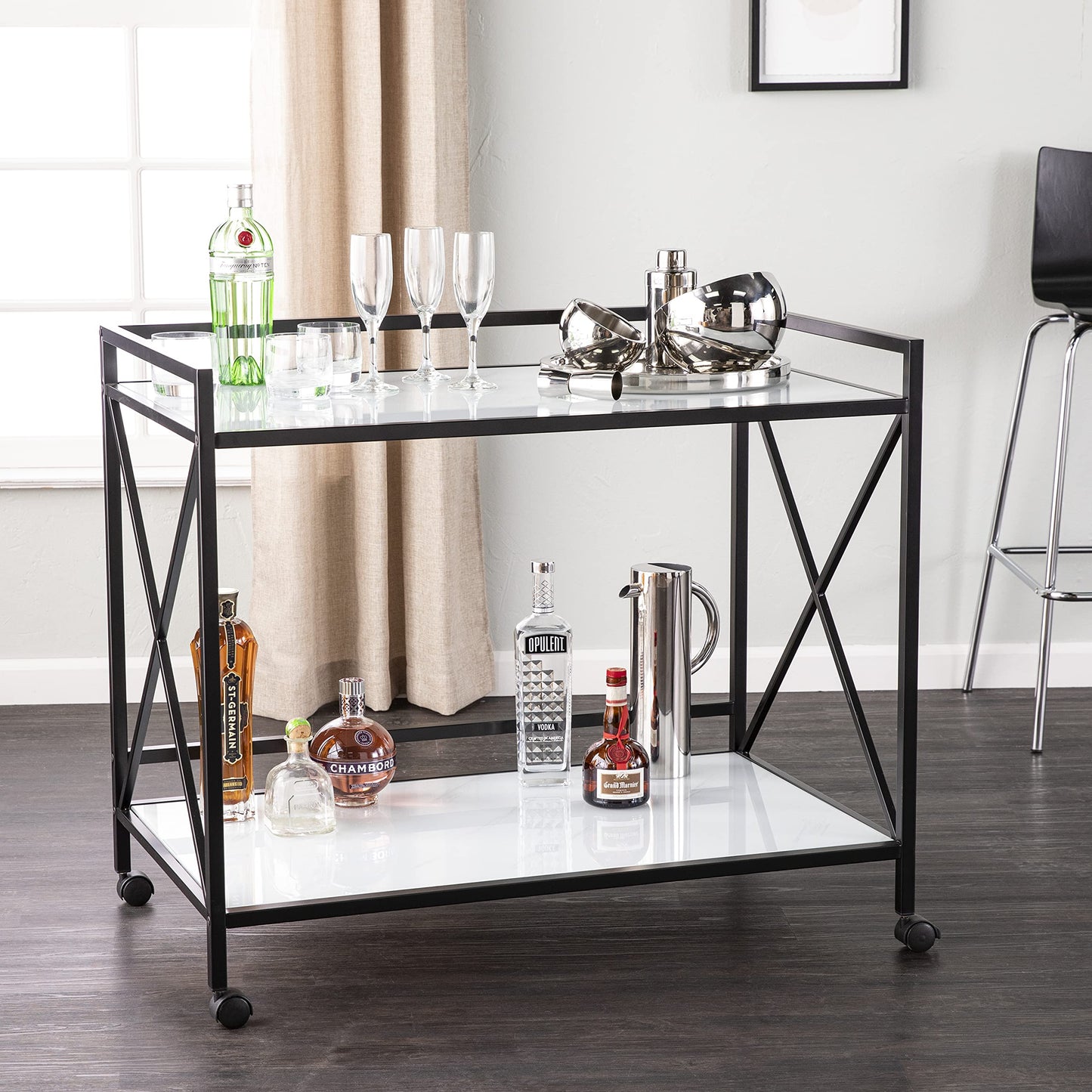 SEI Furniture - Maxton Bar Cart - Transitional Design, Black Iron and Wood - Ideal for Living Room, Home Bar (HZ1221440)