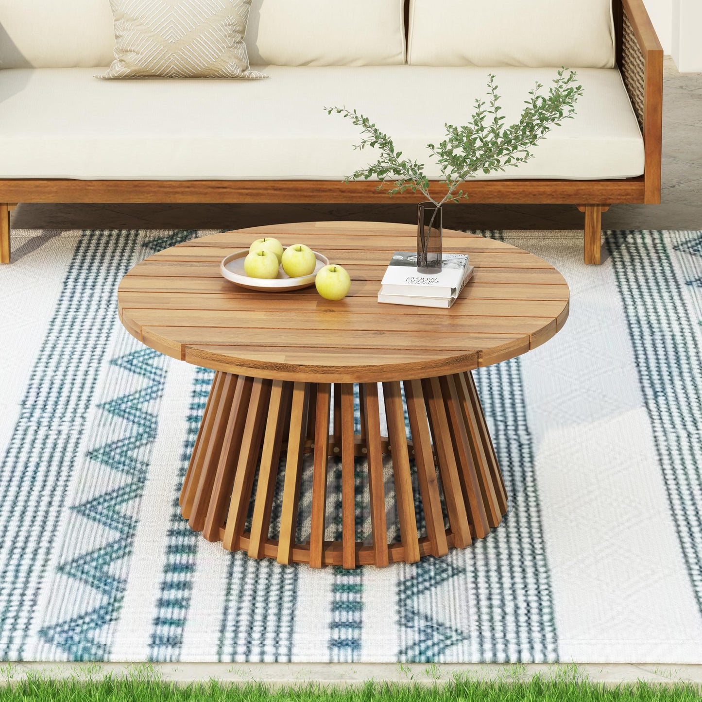 Christopher Knight Home Claremont Patio Sofa and Coffee Table Set, 2 Piece Wicker Patio Furniture Set, Acacia Wood 3 Seater Outdoor Sofa Daybed and Coffee Table Set, Teak+Light Grey