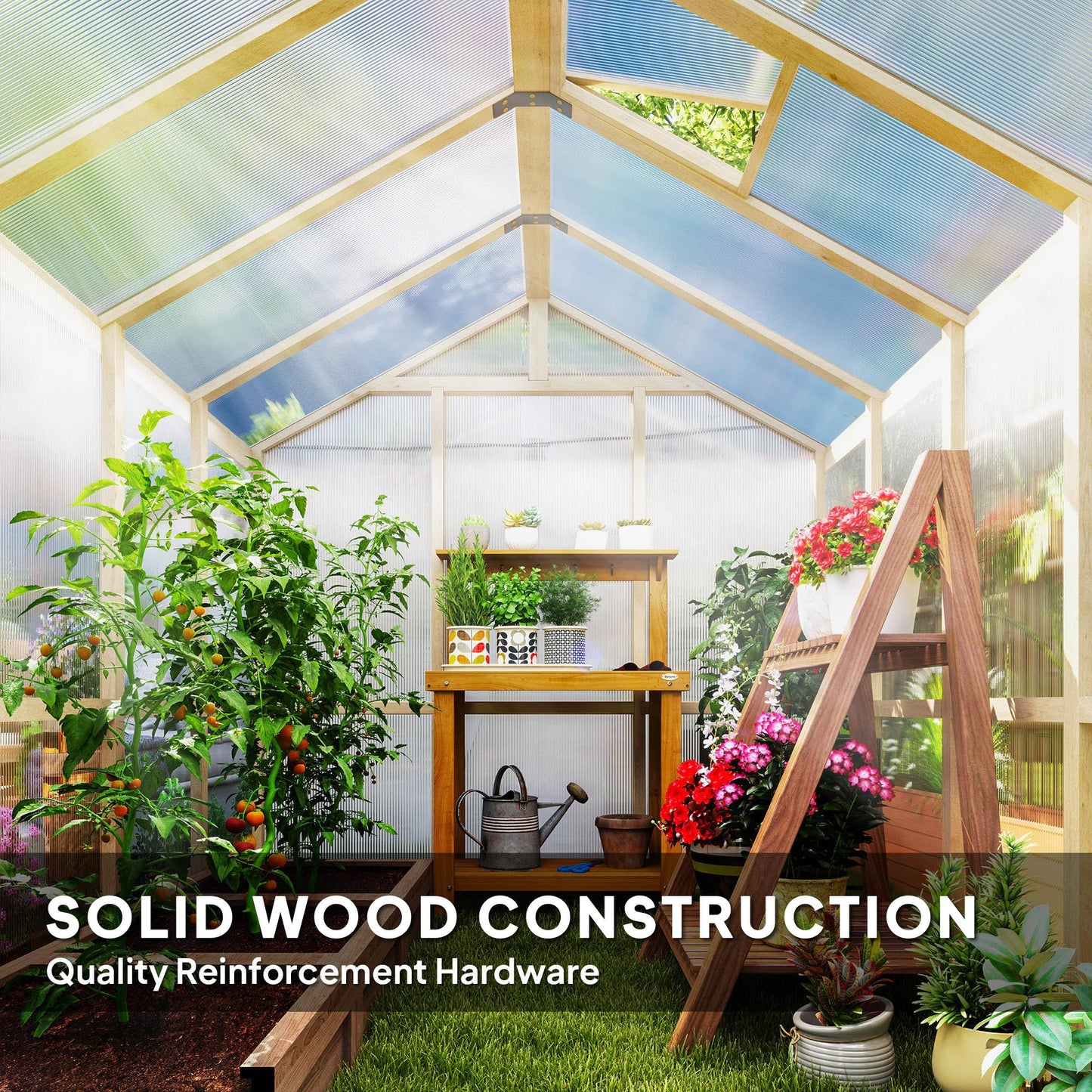Outsunny 6.6' x 8' Walk-in Polycarbonate Greenhouse with Thickened Panels, Wooden Greenhouse with Lockable Door, Roof Vent for Outdoors, Winter Sunroom for Patio Backyard Garden, Brown