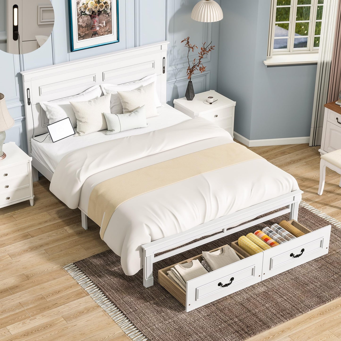KEIKI Queen Size Farmhouse Bed Frame with 2 Storage Drawers & LED Lights & USB-C Charging Ports, Solid Wood Platform Bed with Tall Panel Headboard & Footboard, No Box Spring Needed, White