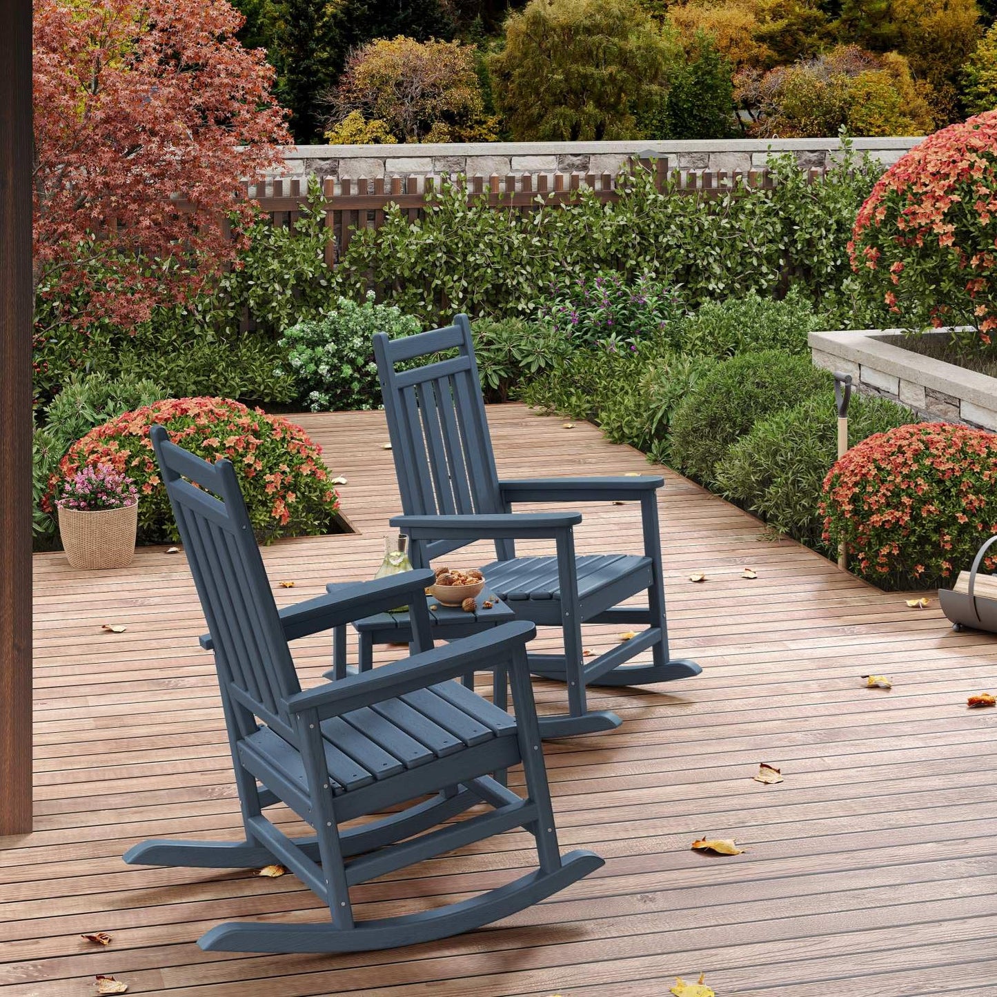 Garvee HDPE Rocking Chair Outdoor Set of 4 with 2 Side Table - Poly High Back Porch Rocker Chairs for Adults - All Weather Resistant Furniture for Patio Front Porch - Navy Blue