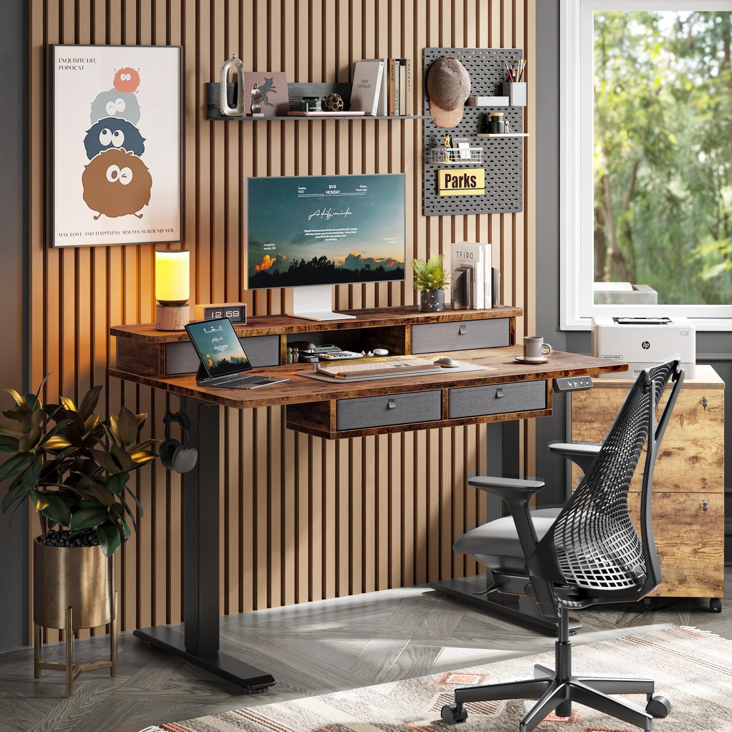 TIQLAB 55 * 28 Inch Standing Desk with Four Drawers, Electric Sit Stand Table, Stand Up Desk Adjustable Height with Storage Shelf, Splice Board, Deep Vintage