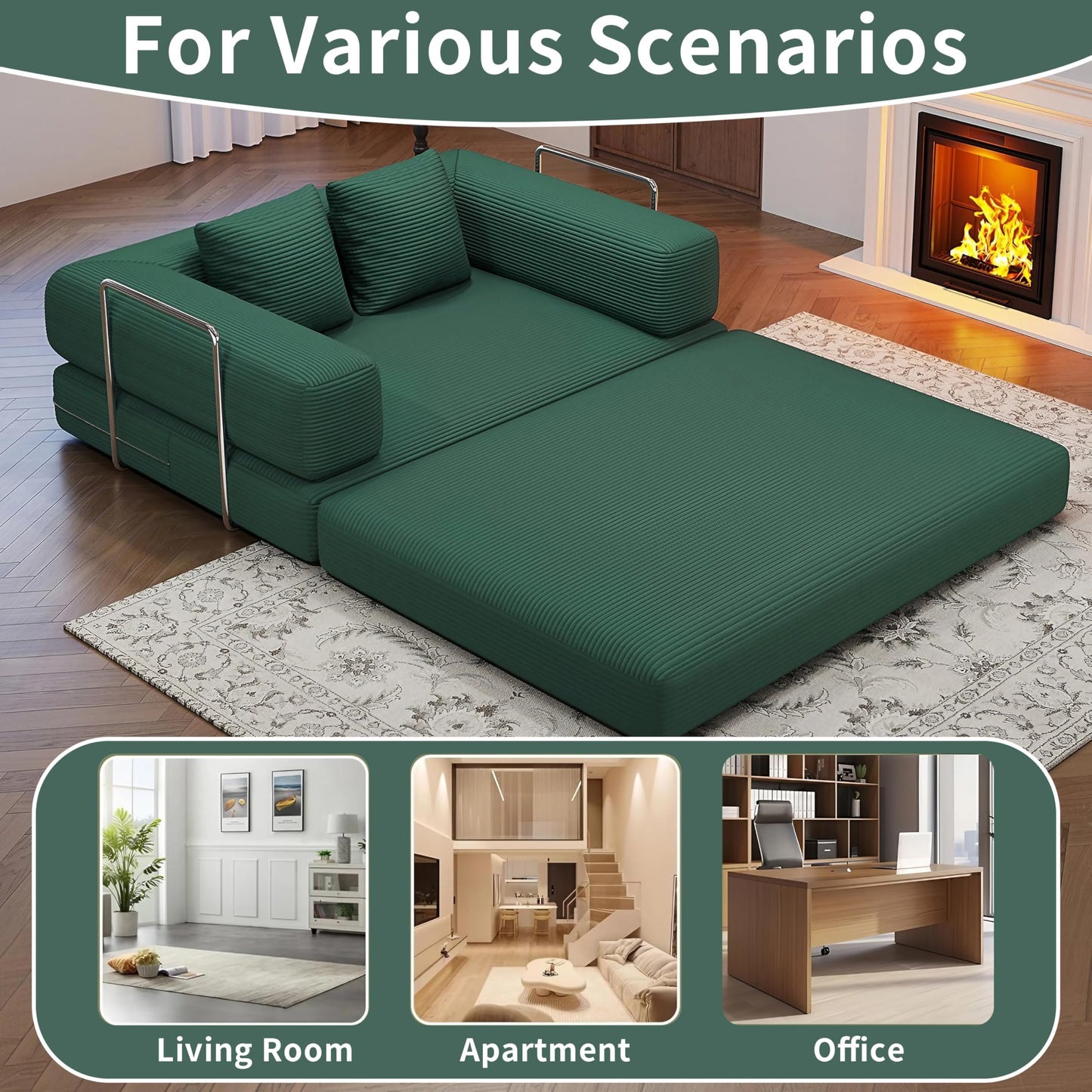 4 in 1 Convertible Sofas Boneless Couches with 2 Pillow, Modern Corduroy Futon Bed, Modular Queen Sofa with Pull-Out Bed, LoveSeat for Living Room, Small Space Apartment (Green, 53.15"Double Sofa)